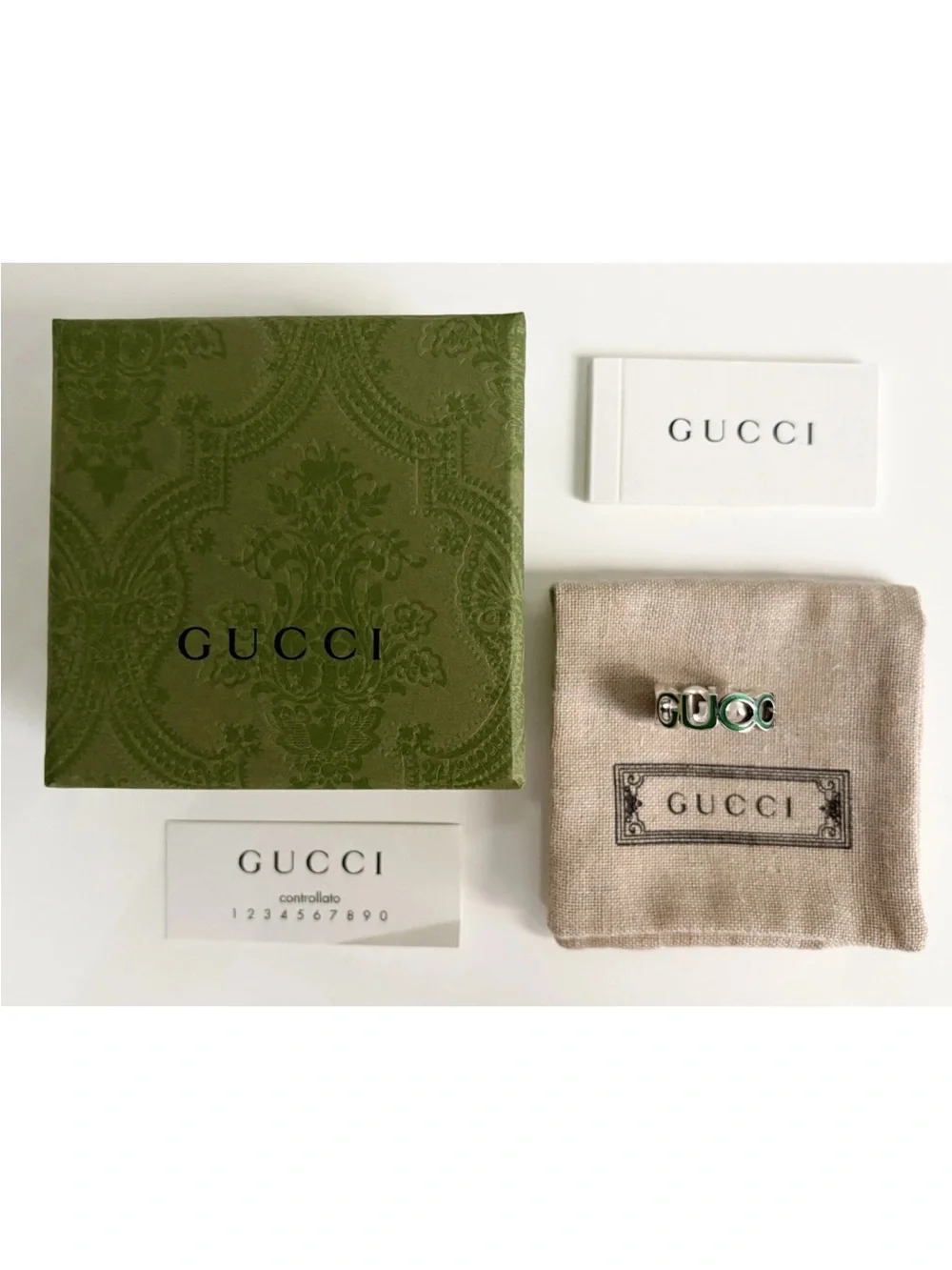 $360 GUCCI 925 Sterling Silver Green GG Chainlink Reversible Ring US 8.75 IT 19
